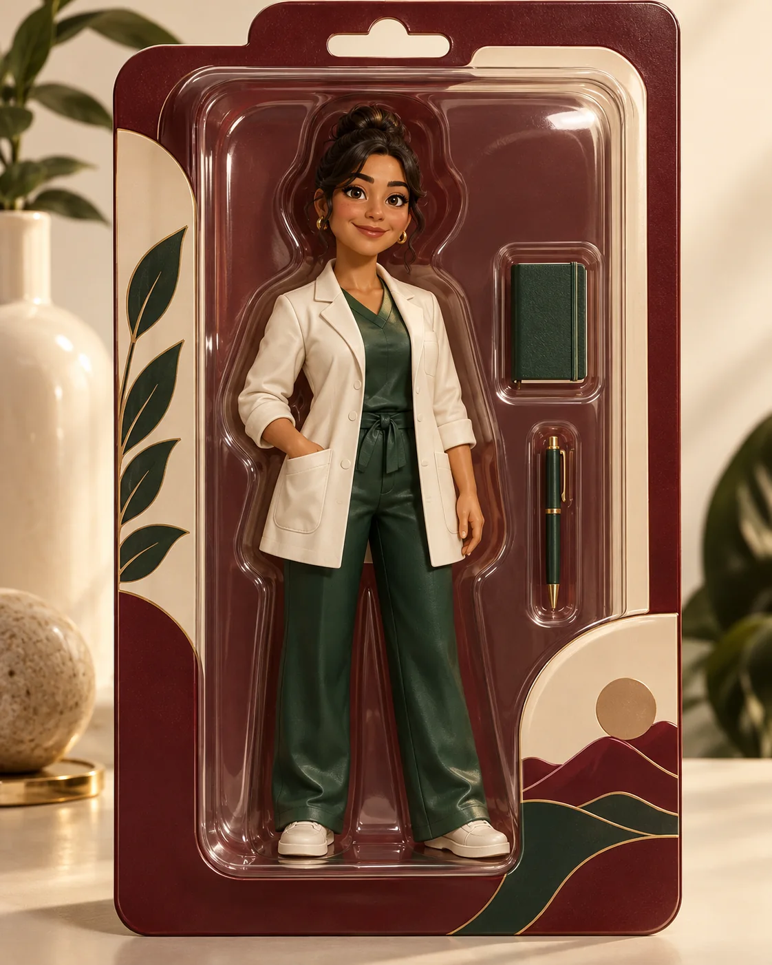 Figura de colección de una profesional de acupuntura con libreta, dentro de una caja sin texto.