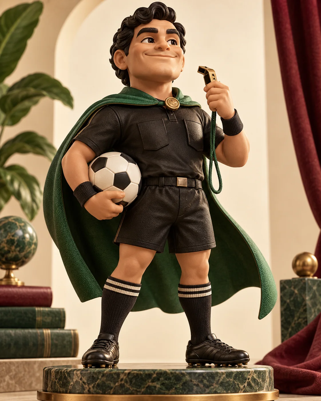 Árbitro de colección con silbato y balón, sobre un fondo editorial.