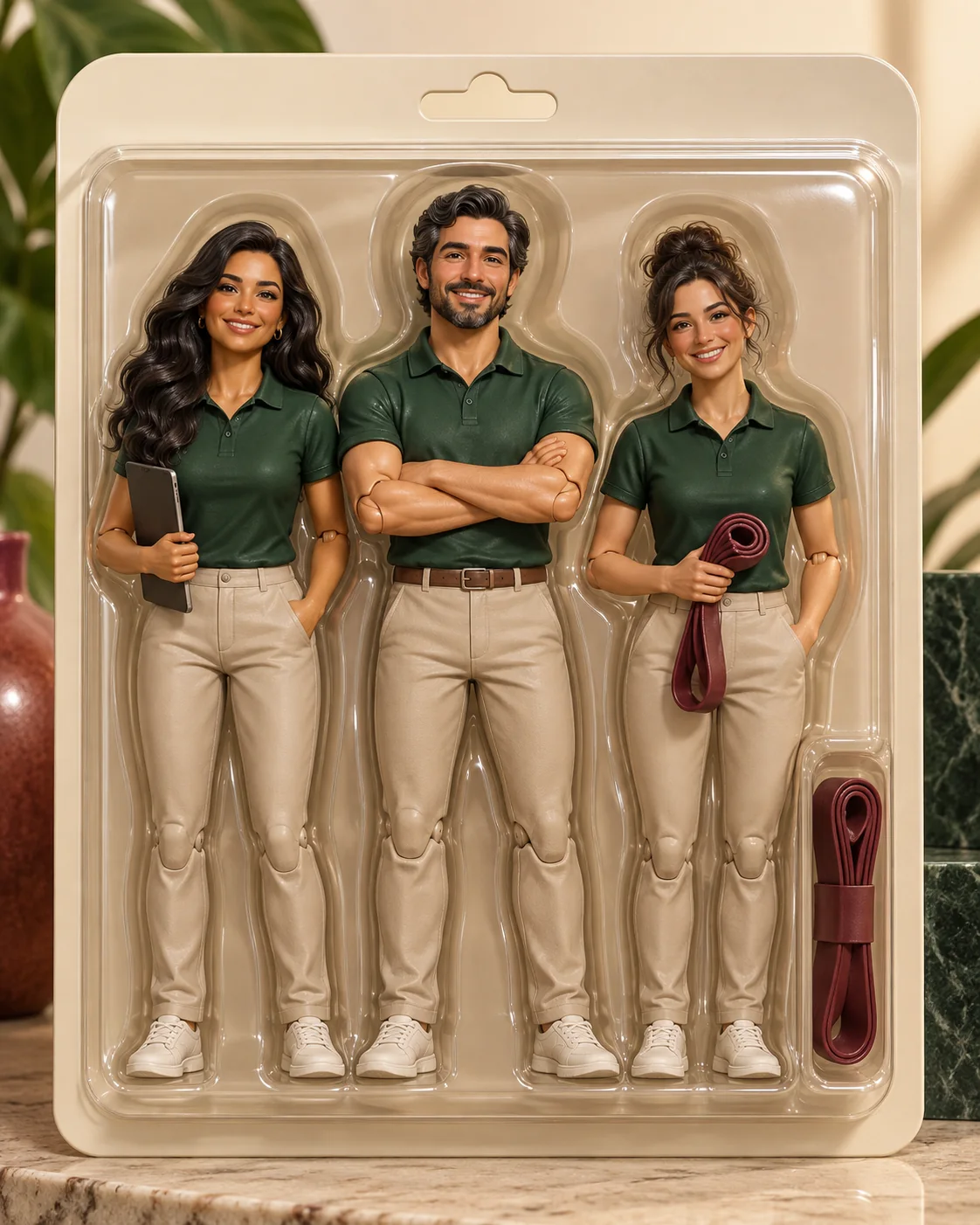 Tres figuras de colección de un equipo de fisioterapia con una banda elástica como accesorio.