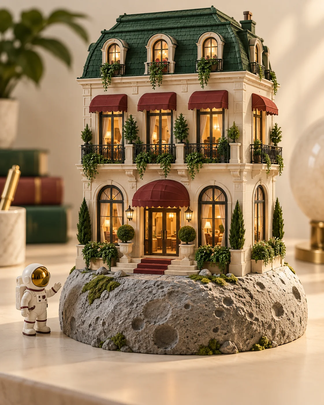 Maqueta de hotel boutique sobre una roca lunar con un astronauta de juguete.