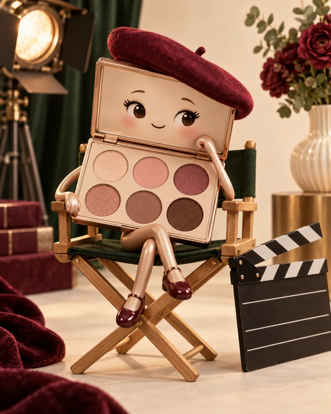 Paleta de sombras con boina de directora y claqueta, como personaje editorial.