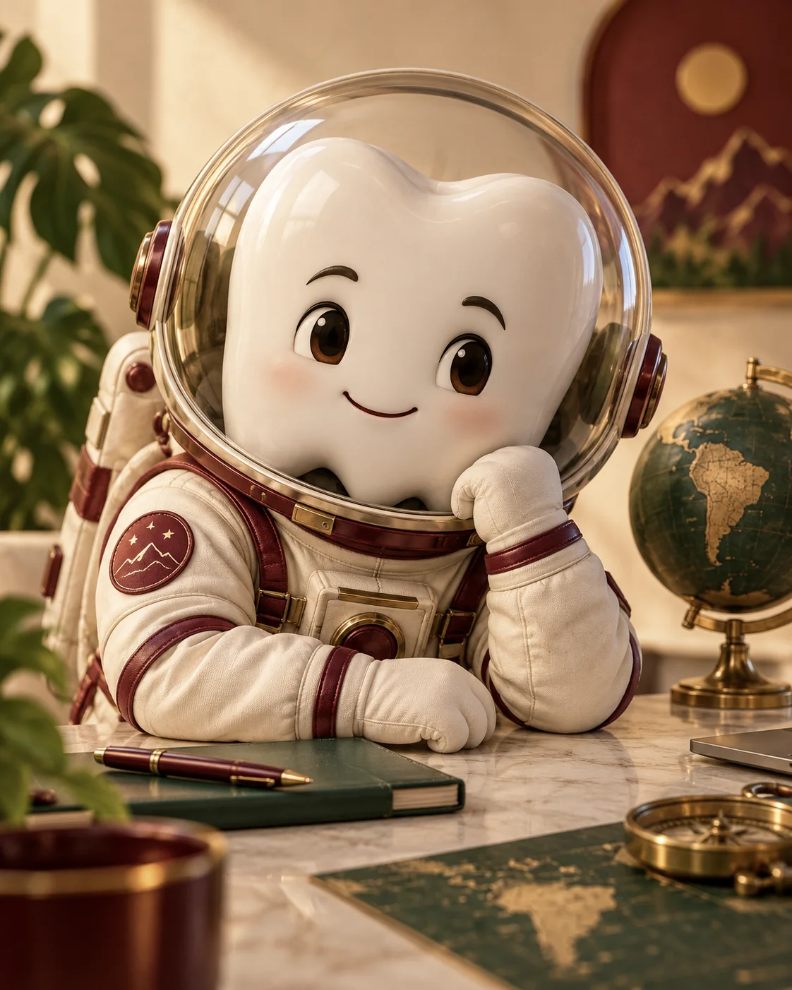 Muela de cerámica con traje de astronauta, como personaje editorial.