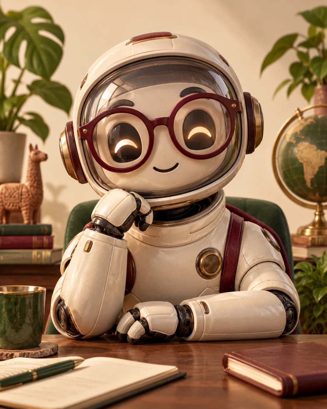 Robot astronauta con gafas redondas sobre un fondo editorial crema.