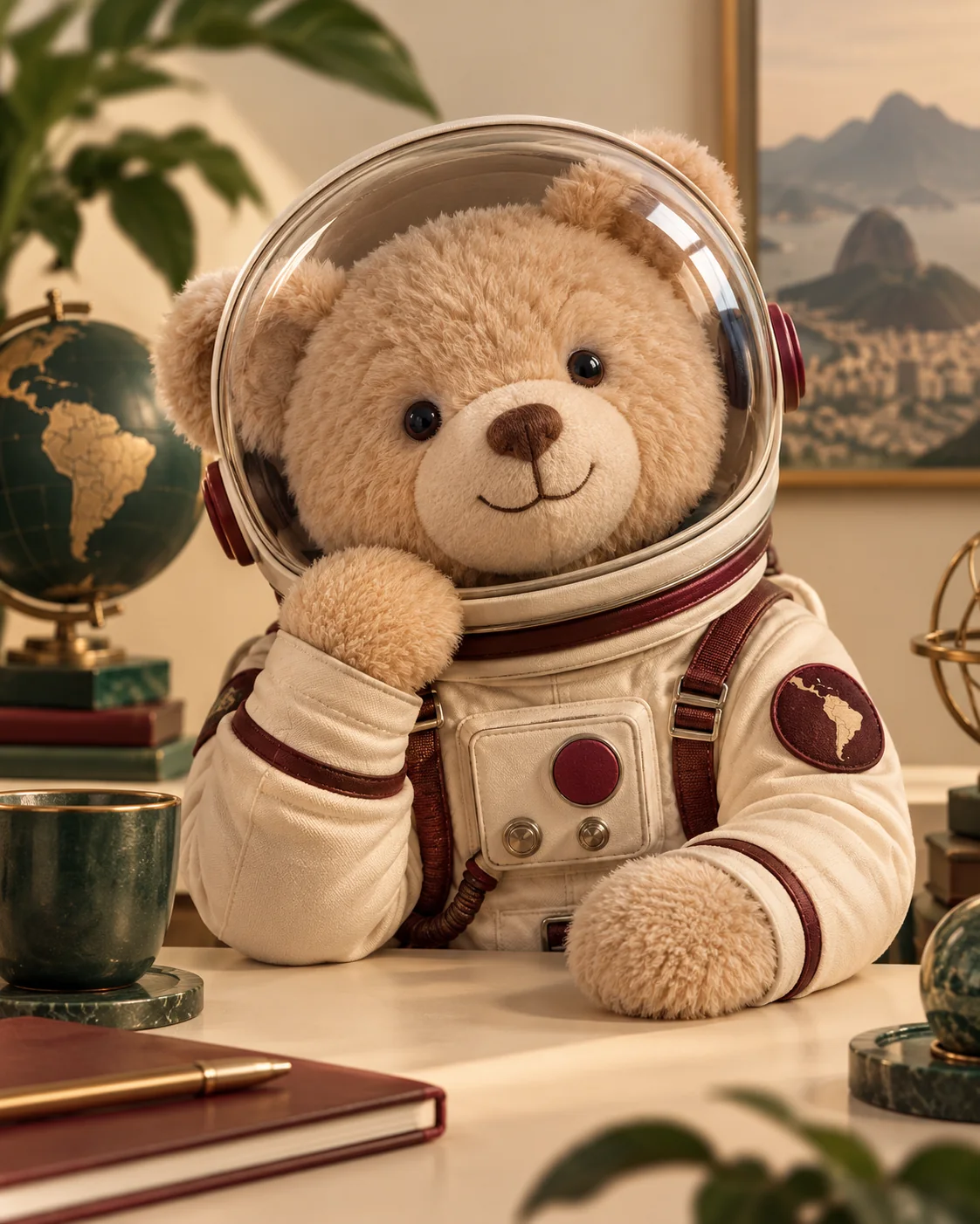 Osito de peluche astronauta apoyado sobre un libro, como figura editorial.