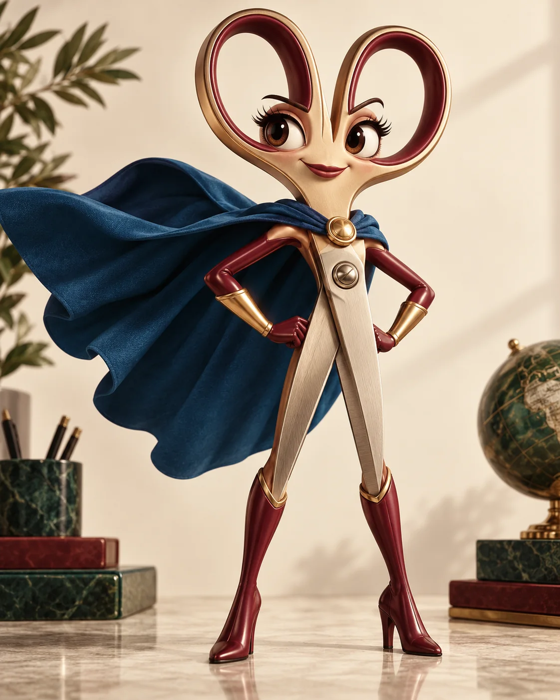 Tijera superheroína con capa sobre un fondo marfil.