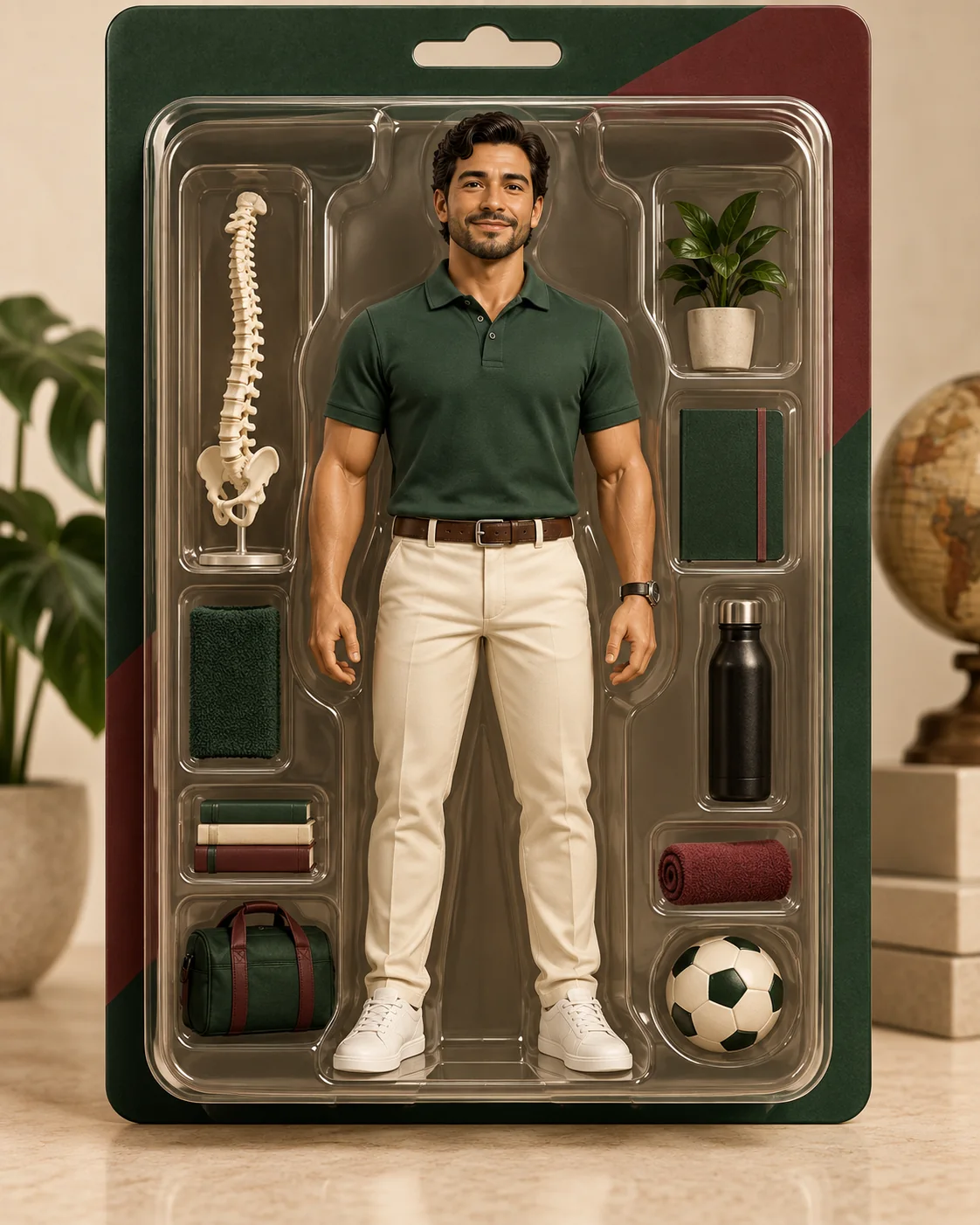Figura de colección de un profesional de quiropráctica y masaje deportivo con un balón pequeño.