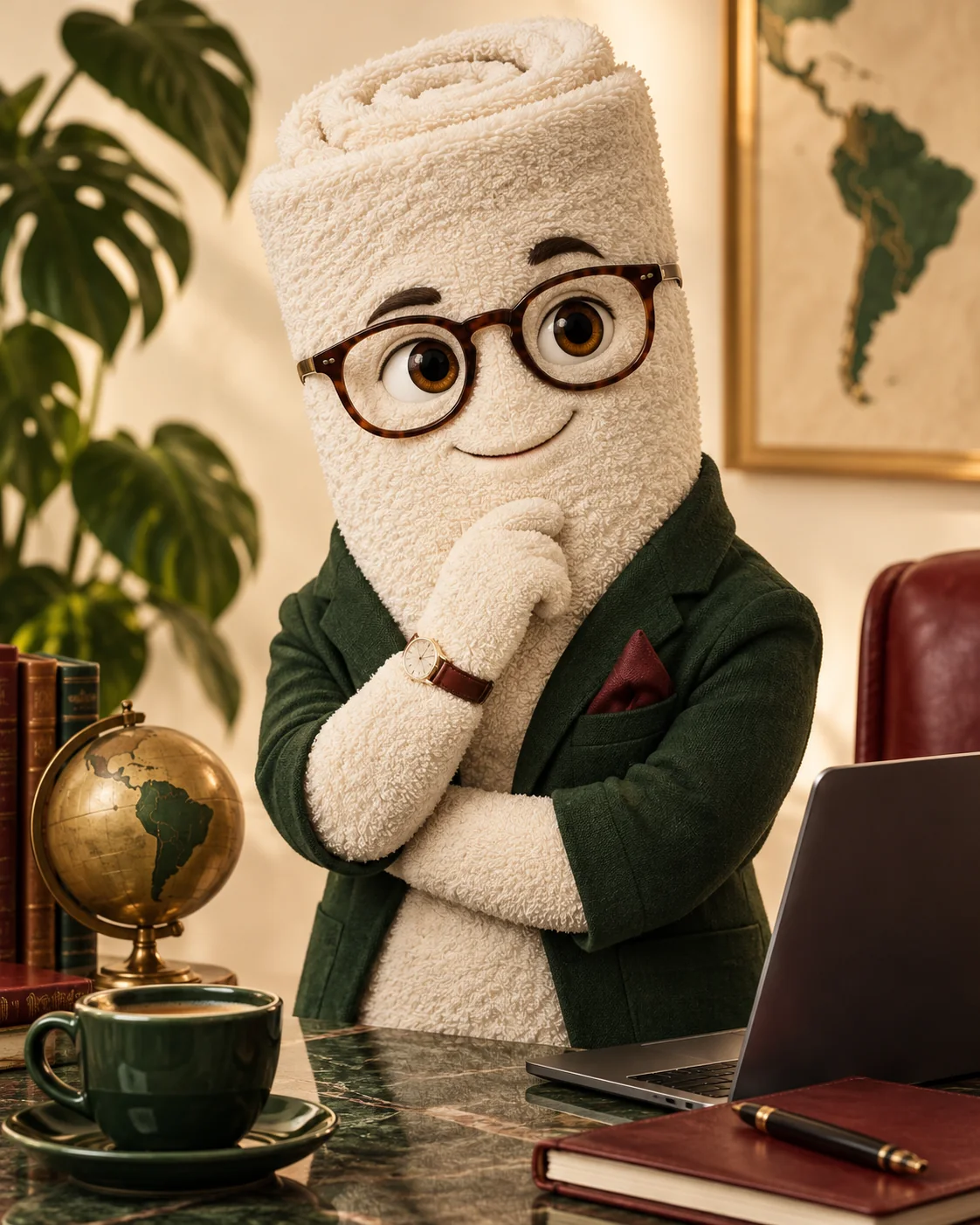 Toalla antropomórfica con lentes y chaqueta verde, como personaje editorial.