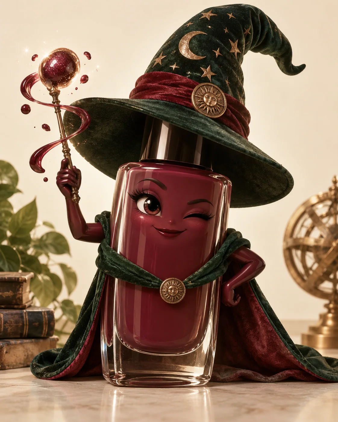 Esmalte con sombrero de hechicero, como personaje editorial.